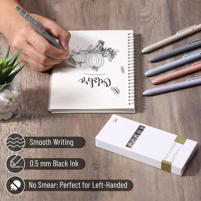 Alt view image 4 of 7 - Retractable Gel Pens with Rose Gold Ring and Ball, 6 Pack | Morandi Barrels, Japanese Black Gel Pens, Fast Dry, Fine Point 0.5mm