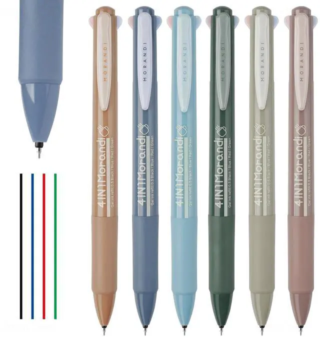 Main image of 4 in 1 Morandi Gel Pens Multicolor Retractable Ballpoint Pens 0.5mm/0.02 Fine Tip 6-Pack Smudge-Free, Fast-Drying, Ideal for Note Taking, Writing, Journaling (6 Morandi Barrel Colors)