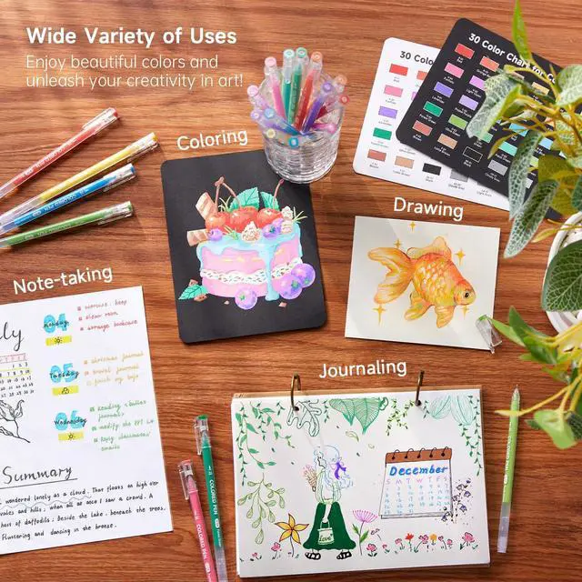 Alt view image 5 of 7 - 30 Colors Cute Journal Pens 0.6mm Fine Point Colored Gel Pens for Black Paper Adult Coloring Writing Drawing Journaling Note Taking School Office Home