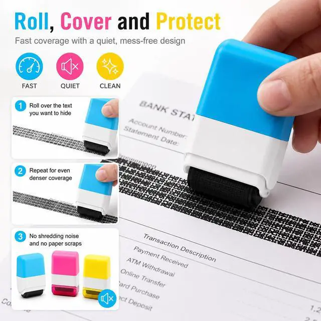Alt view image 3 of 6 - Identity Theft Protection Roller Stamp 3 Pcs for Mail Documents Packages | Zigzag Pattern Coverage, Quick-Drying Ink, Easy Roller Action, Refillable Design