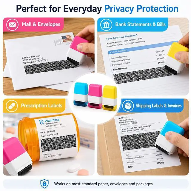 Alt view image 5 of 6 - Identity Theft Protection Roller Stamp 3 Pcs for Mail Documents Packages | Zigzag Pattern Coverage, Quick-Drying Ink, Easy Roller Action, Refillable Design