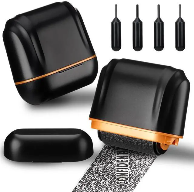 Main image of 2 Pack Shell-Style Identity Theft Protection Roller Stamp Privacy Confidential Roller Stamp Information Blocker and 4 Refill Ink for ID Account Data Address Security, Black (Rectangular,Large)
