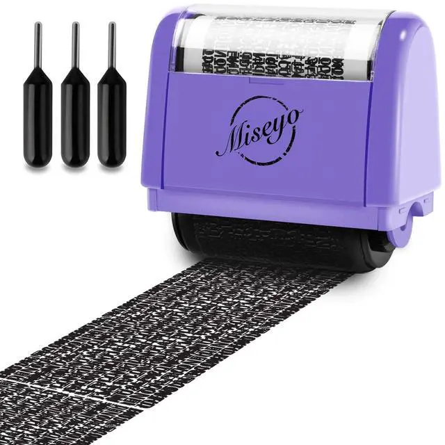 Main image of Wide Identity Theft Protection Roller Stamp Set - Purple (3 Refill Ink Included)