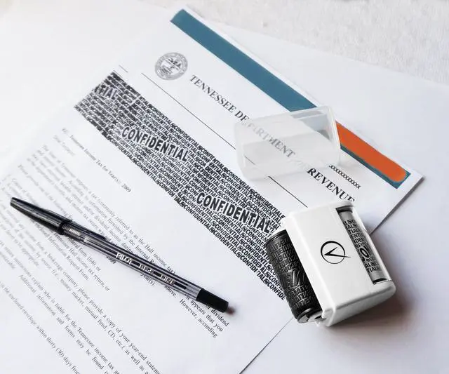 Alt view image 2 of 7 - Identity Theft Protection Roller Stamp for Hiding Sensitive Information, Wide Confidential Stamp with 6 Ink Refill, Security Stamp Roller for Identity Theft Prevention, Classy Blue