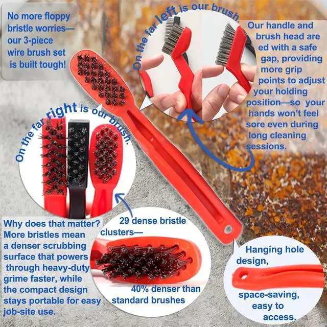 Alt view image 3 of 7 - 3-Pack 7" Stainless Steel Wire Brushes - 40% Denser Than Standard Brushes - for Heavy-Duty Cleaning: Grill Grates, Uncoated Pans, Rust Removal, Deburring & Metal Cleaning
