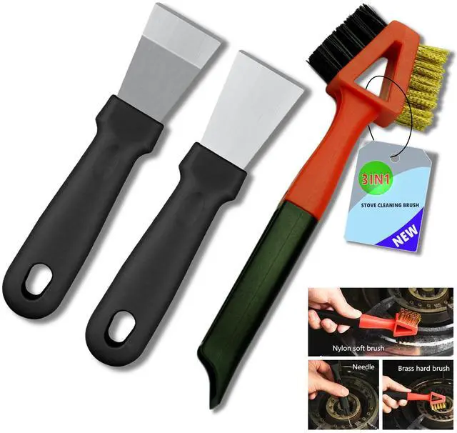 Main image of 3Pcs (2 Heavy Duty Wide Using Stainless Steel Scraper and 3-in-1Kitchen Stove Cleaning Brush), Brass Brush,Wire Brush,Metal Brush,Nylon Brush, Rust Cleaner for Pot, Range Hood Grease Grime Cleaner