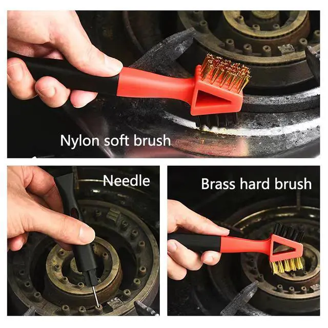 Alt view image 3 of 7 - 3Pcs (2 Heavy Duty Wide Using Stainless Steel Scraper and 3-in-1Kitchen Stove Cleaning Brush), Brass Brush,Wire Brush,Metal Brush,Nylon Brush, Rust Cleaner for Pot, Range Hood Grease Grime Cleaner