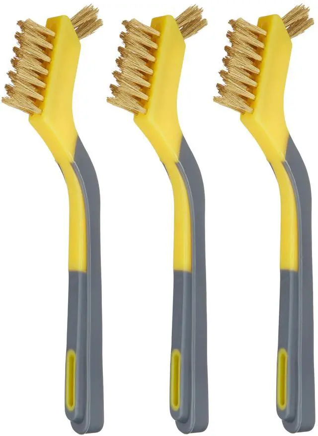 Main image of Brass Mini Wire Brushes for Cleaning, Rust Removal, Paint Removal, Soft Grip Ergonomic Handle, 1/2 inch, Yellow/Grey, 3-Pack