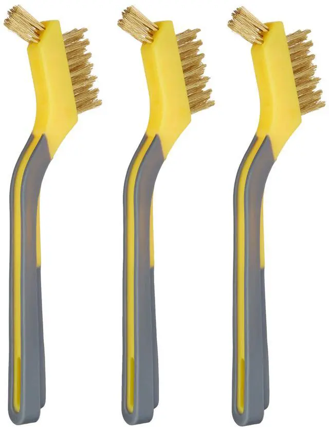 Alt view image 2 of 3 - Brass Mini Wire Brushes for Cleaning, Rust Removal, Paint Removal, Soft Grip Ergonomic Handle, 1/2 inch, Yellow/Grey, 3-Pack