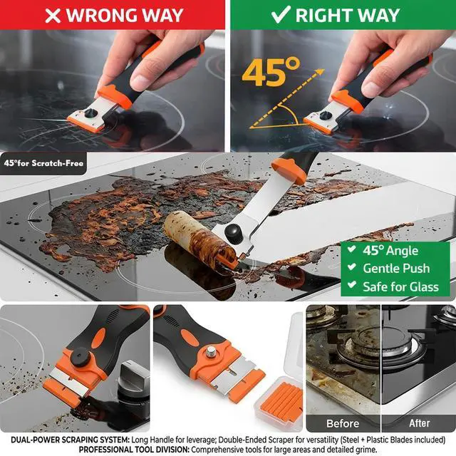 Alt view image 2 of 6 - Glass Cooktop Cleaning Kit,4-in-1 Scraper with 20 Blades, Non-Scratch Dish Brush with Absorbent Cloth&Storage BagStove Top Deep Cleaning Set for Kitchen Ceramic, Halogen, Gas Stove & Glass Surfaces