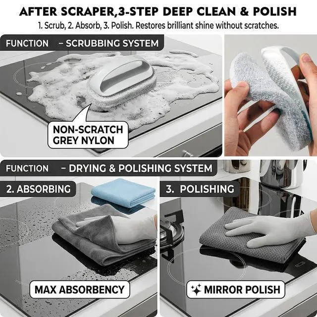 Alt view image 3 of 6 - Glass Cooktop Cleaning Kit,4-in-1 Scraper with 20 Blades, Non-Scratch Dish Brush with Absorbent Cloth&Storage BagStove Top Deep Cleaning Set for Kitchen Ceramic, Halogen, Gas Stove & Glass Surfaces