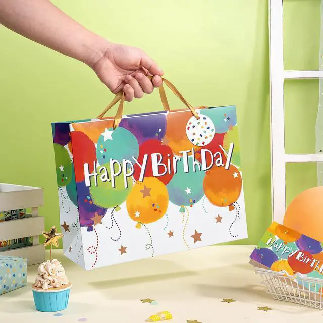 Alt view image 3 of 7 - Colorful Birthday Gift Bag, Balloons Pattern with HAPPY BIRTHDAY Text, Matching Tissue Paper, Greeting Card and Tag, Ideal for Kids' Birthday Gifts, 13" x 5" x 10", 1 Pcs