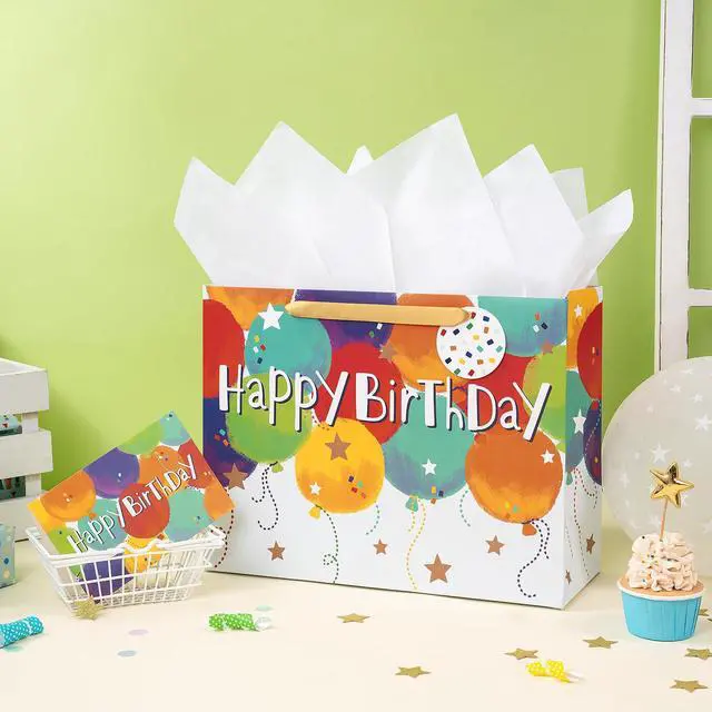 Alt view image 5 of 7 - Colorful Birthday Gift Bag, Balloons Pattern with HAPPY BIRTHDAY Text, Matching Tissue Paper, Greeting Card and Tag, Ideal for Kids' Birthday Gifts, 13" x 5" x 10", 1 Pcs