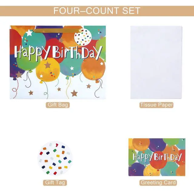 Alt view image 6 of 7 - Colorful Birthday Gift Bag, Balloons Pattern with HAPPY BIRTHDAY Text, Matching Tissue Paper, Greeting Card and Tag, Ideal for Kids' Birthday Gifts, 13" x 5" x 10", 1 Pcs