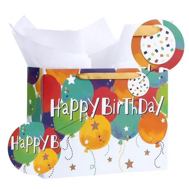 Alt view image 7 of 7 - Colorful Birthday Gift Bag, Balloons Pattern with HAPPY BIRTHDAY Text, Matching Tissue Paper, Greeting Card and Tag, Ideal for Kids' Birthday Gifts, 13" x 5" x 10", 1 Pcs