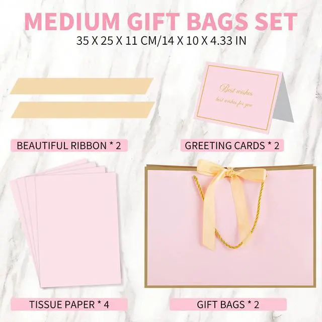 Alt view image 2 of 7 - Pink Gift Bags with Handles, 14" Medium Gift Bags with Tissue Paper | 2 Pcs Pink Bags, 4 Tissue Paper and 2 Cards, for Baby Shower, Wedding Bridal Shower, Birthday Party