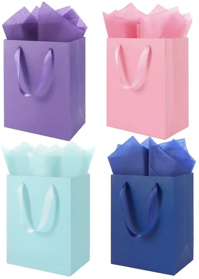Main image of 4 Pack Medium Gift Bags with Handles and 8 Tissue Papers | Size 8 X 5 X10 Inch Paper Bag for Birthday Party, Baby Shower, Wedding Favors, Christmas & Holidays