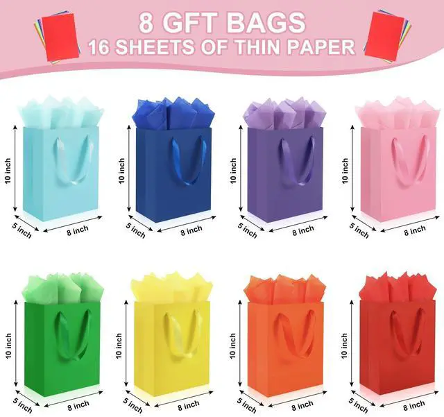 Alt view image 2 of 7 - 4 Pack Medium Gift Bags with Handles and 8 Tissue Papers | Size 8 X 5 X10 Inch Paper Bag for Birthday Party, Baby Shower, Wedding Favors, Christmas & Holidays