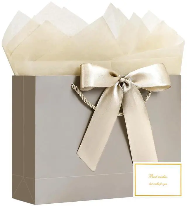 Main image of Gift Bags with Handles, 13" Medium Gift Bags with Tissue Paper | 1 Pcs Champagne Gold Paper Bag, 2 Tissue Paper and 1 Card, for Baby Shower, Wedding Bridal Shower, Birthday Party