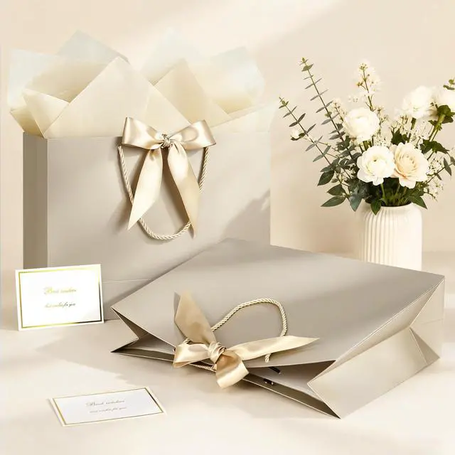 Alt view image 2 of 7 - Gift Bags with Handles, 13" Medium Gift Bags with Tissue Paper | 1 Pcs Champagne Gold Paper Bag, 2 Tissue Paper and 1 Card, for Baby Shower, Wedding Bridal Shower, Birthday Party