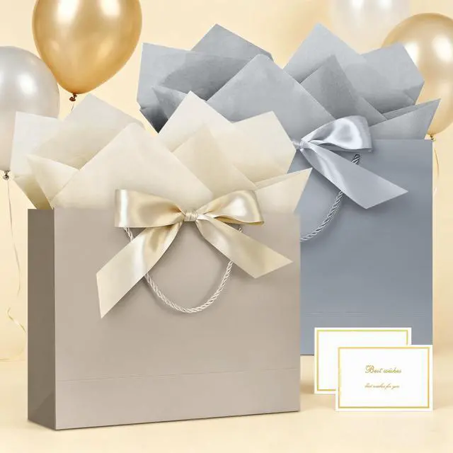 Alt view image 7 of 7 - Gift Bags with Handles, 13" Medium Gift Bags with Tissue Paper | 1 Pcs Champagne Gold Paper Bag, 2 Tissue Paper and 1 Card, for Baby Shower, Wedding Bridal Shower, Birthday Party