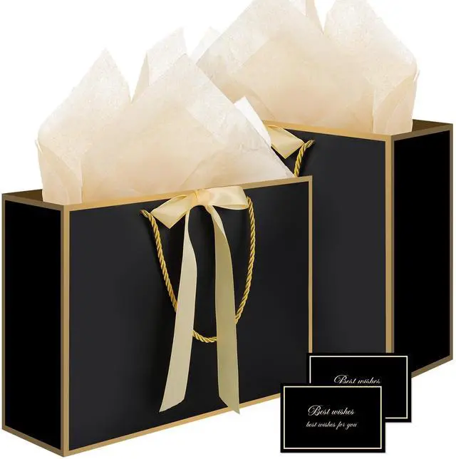 Main image of Black Gift Bags with Handles, 14" Medium Gift Bag with Tissue Paper | 2 Pcs Black Bags, 4 Tissue Paper&2 Cards, Ideal for Men Birthday, Anniversary, Bachelor Party Decorations