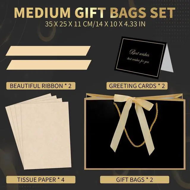 Alt view image 2 of 6 - Black Gift Bags with Handles, 14" Medium Gift Bag with Tissue Paper | 2 Pcs Black Bags, 4 Tissue Paper&2 Cards, Ideal for Men Birthday, Anniversary, Bachelor Party Decorations