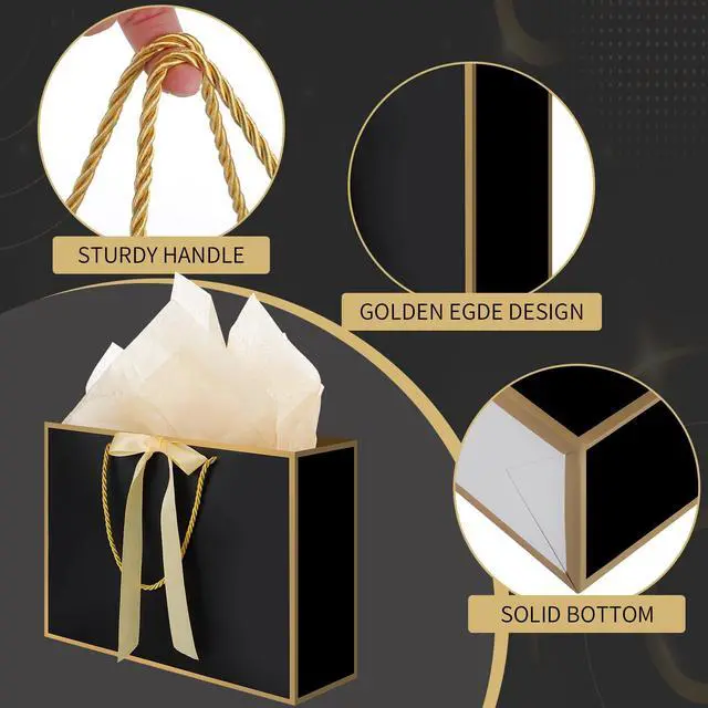 Alt view image 3 of 6 - Black Gift Bags with Handles, 14" Medium Gift Bag with Tissue Paper | 2 Pcs Black Bags, 4 Tissue Paper&2 Cards, Ideal for Men Birthday, Anniversary, Bachelor Party Decorations
