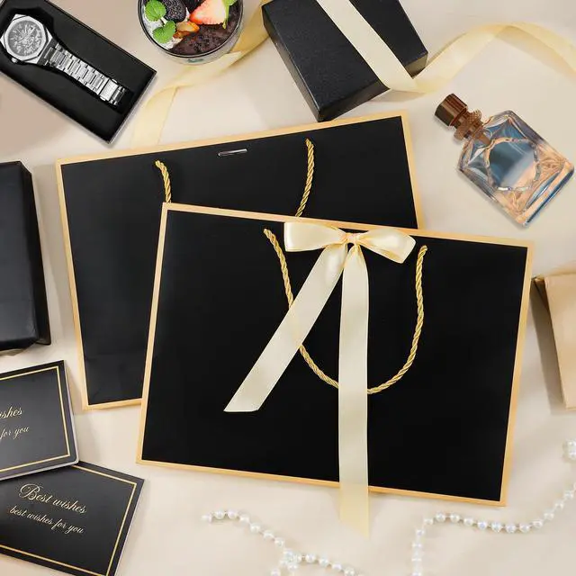 Alt view image 4 of 6 - Black Gift Bags with Handles, 14" Medium Gift Bag with Tissue Paper | 2 Pcs Black Bags, 4 Tissue Paper&2 Cards, Ideal for Men Birthday, Anniversary, Bachelor Party Decorations