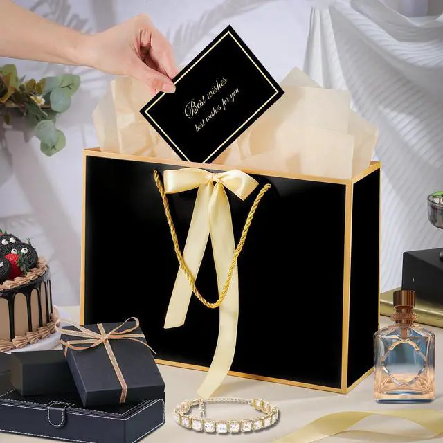 Alt view image 5 of 6 - Black Gift Bags with Handles, 14" Medium Gift Bag with Tissue Paper | 2 Pcs Black Bags, 4 Tissue Paper&2 Cards, Ideal for Men Birthday, Anniversary, Bachelor Party Decorations