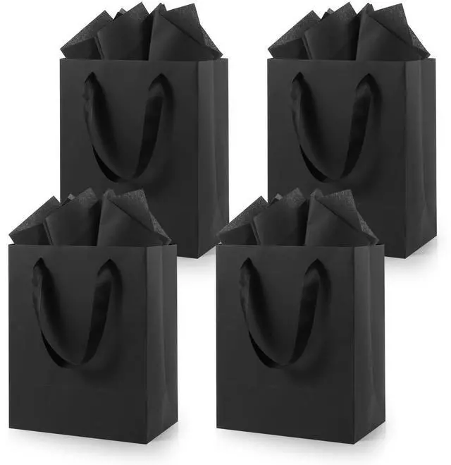Main image of Black Small Gift Bags with Handles and Tissue Paper, 4 Pack | 8x5x10 Inch Paper Bags for Men, Women, Birthdays Party, Baby Showers, Weddings, Anniversaries, Halloween & Holidays