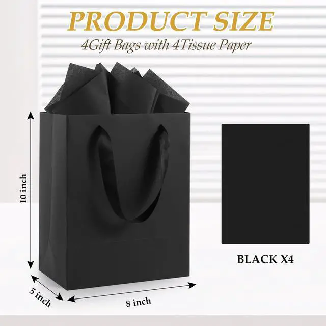 Alt view image 2 of 7 - Black Small Gift Bags with Handles and Tissue Paper, 4 Pack | 8x5x10 Inch Paper Bags for Men, Women, Birthdays Party, Baby Showers, Weddings, Anniversaries, Halloween & Holidays