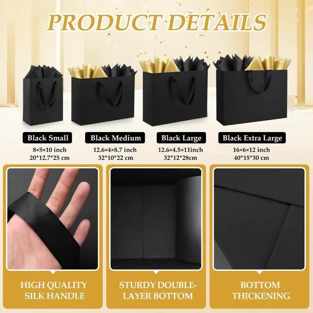 Alt view image 3 of 7 - Black Small Gift Bags with Handles and Tissue Paper, 4 Pack | 8x5x10 Inch Paper Bags for Men, Women, Birthdays Party, Baby Showers, Weddings, Anniversaries, Halloween & Holidays