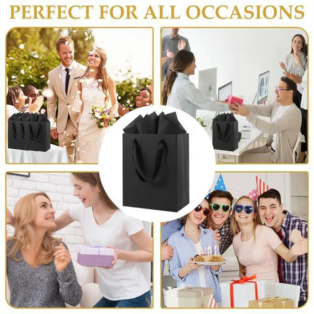 Alt view image 5 of 7 - Black Small Gift Bags with Handles and Tissue Paper, 4 Pack | 8x5x10 Inch Paper Bags for Men, Women, Birthdays Party, Baby Showers, Weddings, Anniversaries, Halloween & Holidays
