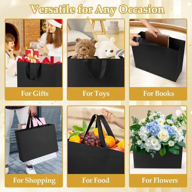 Alt view image 6 of 7 - Black Small Gift Bags with Handles and Tissue Paper, 4 Pack | 8x5x10 Inch Paper Bags for Men, Women, Birthdays Party, Baby Showers, Weddings, Anniversaries, Halloween & Holidays