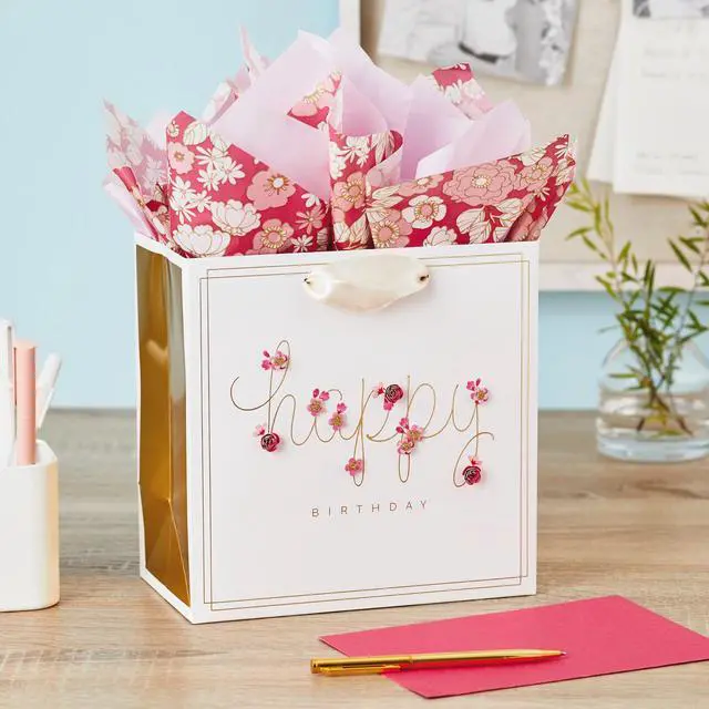 Alt view image 2 of 6 - Signature 7" Medium Birthday Gift Bag with Tissue Paper (Pink Flowers)