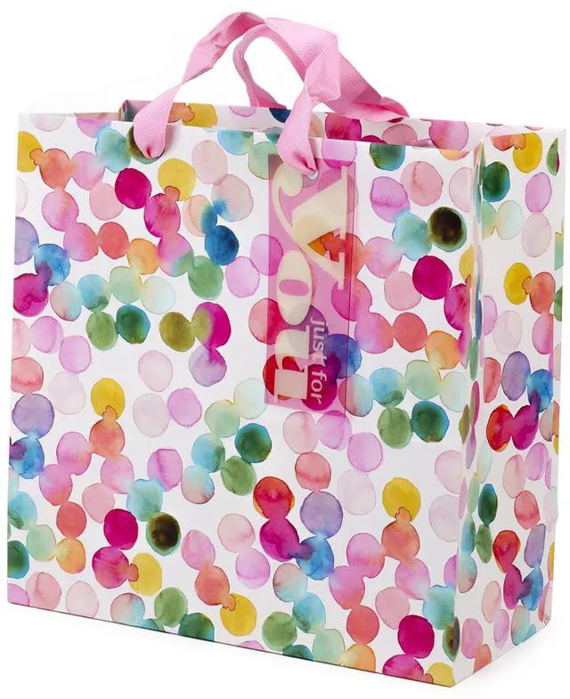 Main image of 10" Large Square Gift Bag (Watercolor Dots, Just for You) for Birthdays, Mothers Day, Easter, Graduations, Retirements and More | Rainbow Polka Dots, Pink Ribbon Handles, Matching Tag, FSC Certified