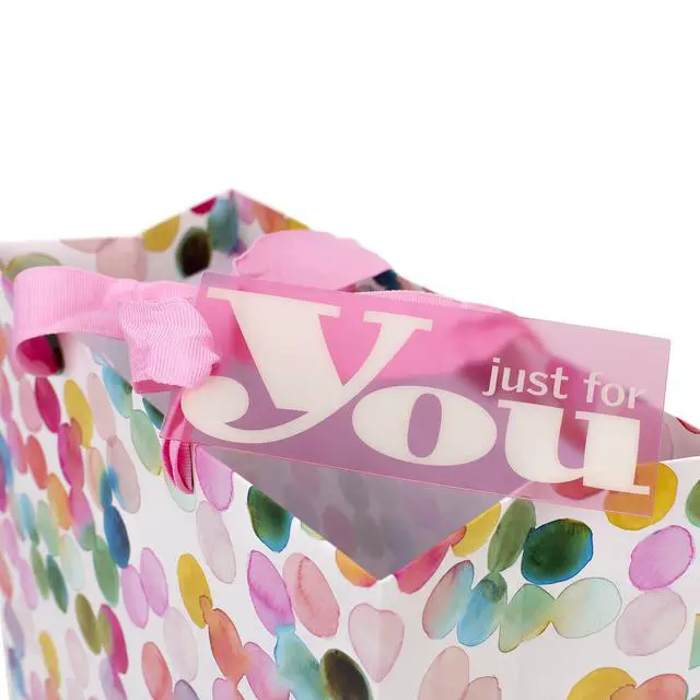 Alt view image 4 of 6 - 10" Large Square Gift Bag (Watercolor Dots, Just for You) for Birthdays, Mothers Day, Easter, Graduations, Retirements and More | Rainbow Polka Dots, Pink Ribbon Handles, Matching Tag, FSC Certified