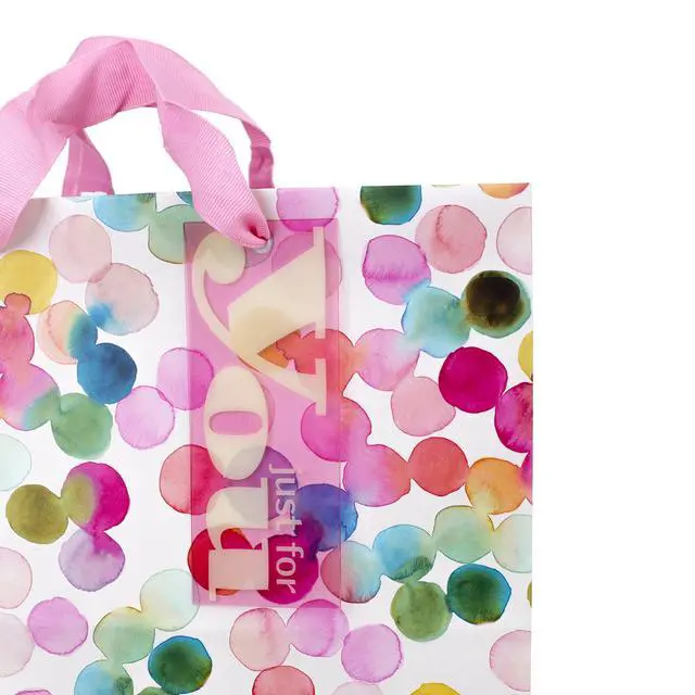 Alt view image 3 of 6 - 10" Large Square Gift Bag (Watercolor Dots, Just for You) for Birthdays, Mothers Day, Easter, Graduations, Retirements and More | Rainbow Polka Dots, Pink Ribbon Handles, Matching Tag, FSC Certified