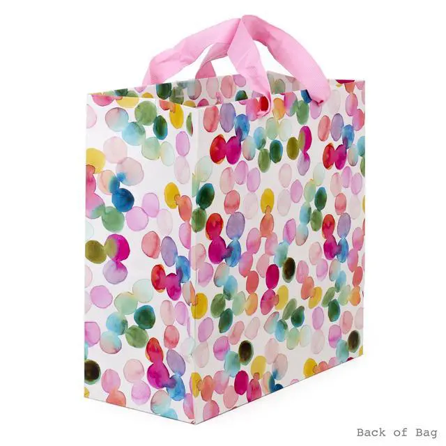 Alt view image 6 of 6 - 10" Large Square Gift Bag (Watercolor Dots, Just for You) for Birthdays, Mothers Day, Easter, Graduations, Retirements and More | Rainbow Polka Dots, Pink Ribbon Handles, Matching Tag, FSC Certified