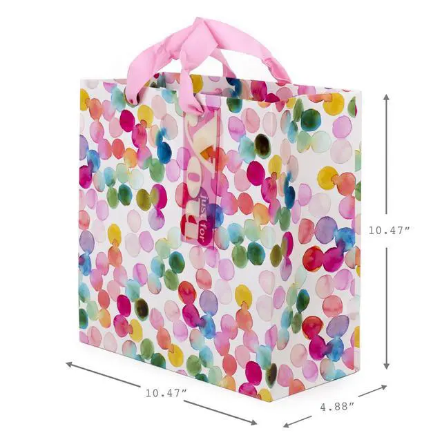 Alt view image 5 of 6 - 10" Large Square Gift Bag (Watercolor Dots, Just for You) for Birthdays, Mothers Day, Easter, Graduations, Retirements and More | Rainbow Polka Dots, Pink Ribbon Handles, Matching Tag, FSC Certified