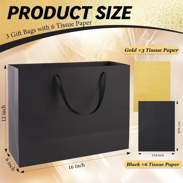 Alt view image 3 of 7 - 3 Pack Extra Large Black Gift Bags with Handles & 9 Tissue Papers | 16x12x6 Inches Ideal for Men Birthday, Weddings, Father's Day, Business Events, Halloween & Christmas