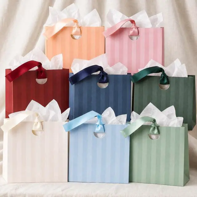 Main image of Beautiful Gift Bags Set of 8 with Handles & Tissue Paper for Women & Kids | Stylish Striped Small Gift Bags with Ribbon Handles - Ideal for Weddings, Girls & Boys Birthdays, Holidays & Any Celebration
