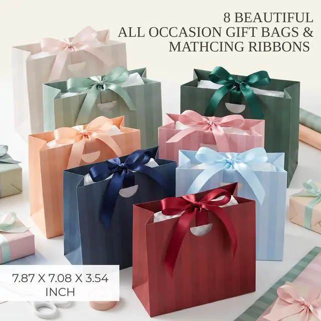 Alt view image 2 of 7 - Beautiful Gift Bags Set of 8 with Handles & Tissue Paper for Women & Kids | Stylish Striped Small Gift Bags with Ribbon Handles - Ideal for Weddings, Girls & Boys Birthdays, Holidays & Any Celebration