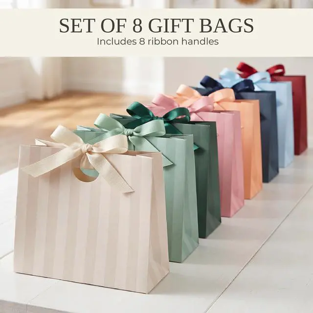 Alt view image 4 of 7 - Beautiful Gift Bags Set of 8 with Handles & Tissue Paper for Women & Kids | Stylish Striped Small Gift Bags with Ribbon Handles - Ideal for Weddings, Girls & Boys Birthdays, Holidays & Any Celebration