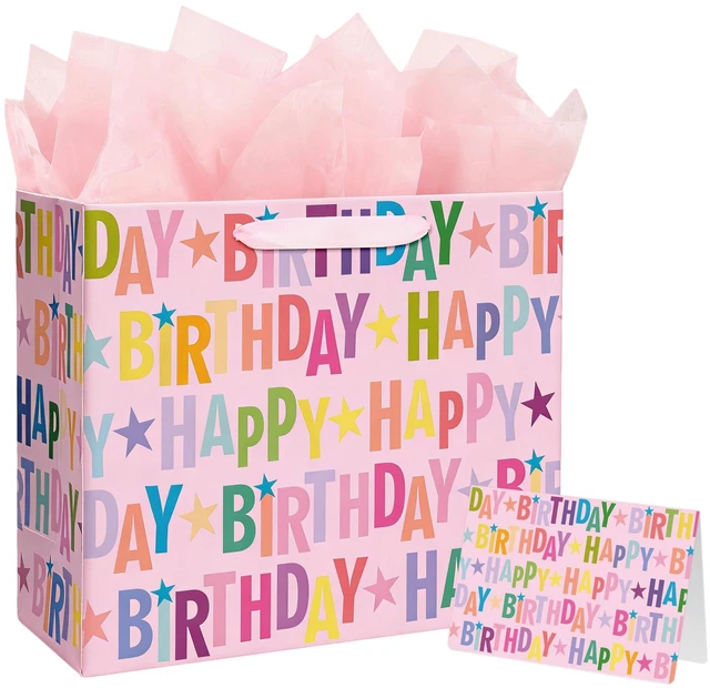 Main image of 13" Pink Happy Birthday Gift Bag, Colorful Lettering Design with Card, Tissue Paper and Sturdy Handles for Kids & Adults Birthday Parties