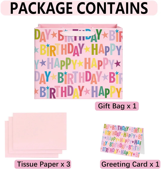 Alt view image 3 of 7 - 13" Pink Happy Birthday Gift Bag, Colorful Lettering Design with Card, Tissue Paper and Sturdy Handles for Kids & Adults Birthday Parties