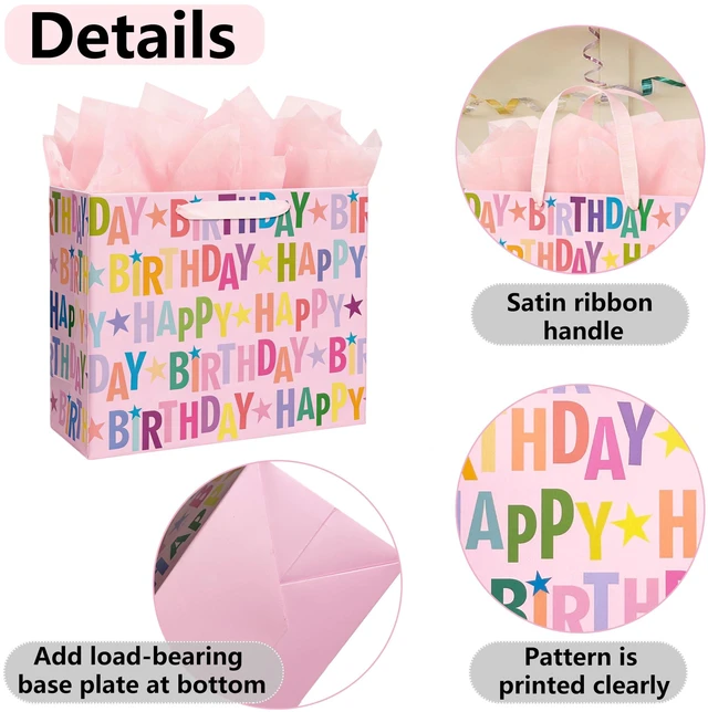 Alt view image 4 of 7 - 13" Pink Happy Birthday Gift Bag, Colorful Lettering Design with Card, Tissue Paper and Sturdy Handles for Kids & Adults Birthday Parties