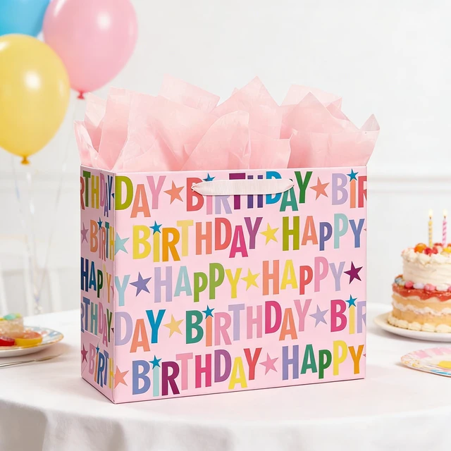 Alt view image 6 of 7 - 13" Pink Happy Birthday Gift Bag, Colorful Lettering Design with Card, Tissue Paper and Sturdy Handles for Kids & Adults Birthday Parties