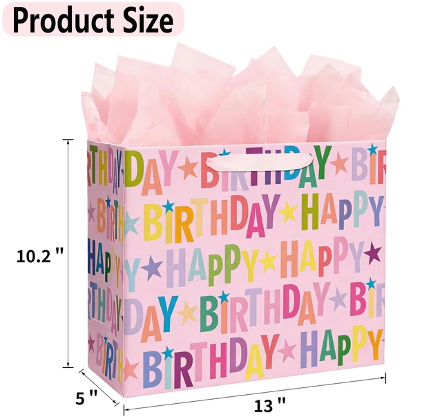 Alt view image 2 of 7 - 13" Pink Happy Birthday Gift Bag, Colorful Lettering Design with Card, Tissue Paper and Sturdy Handles for Kids & Adults Birthday Parties